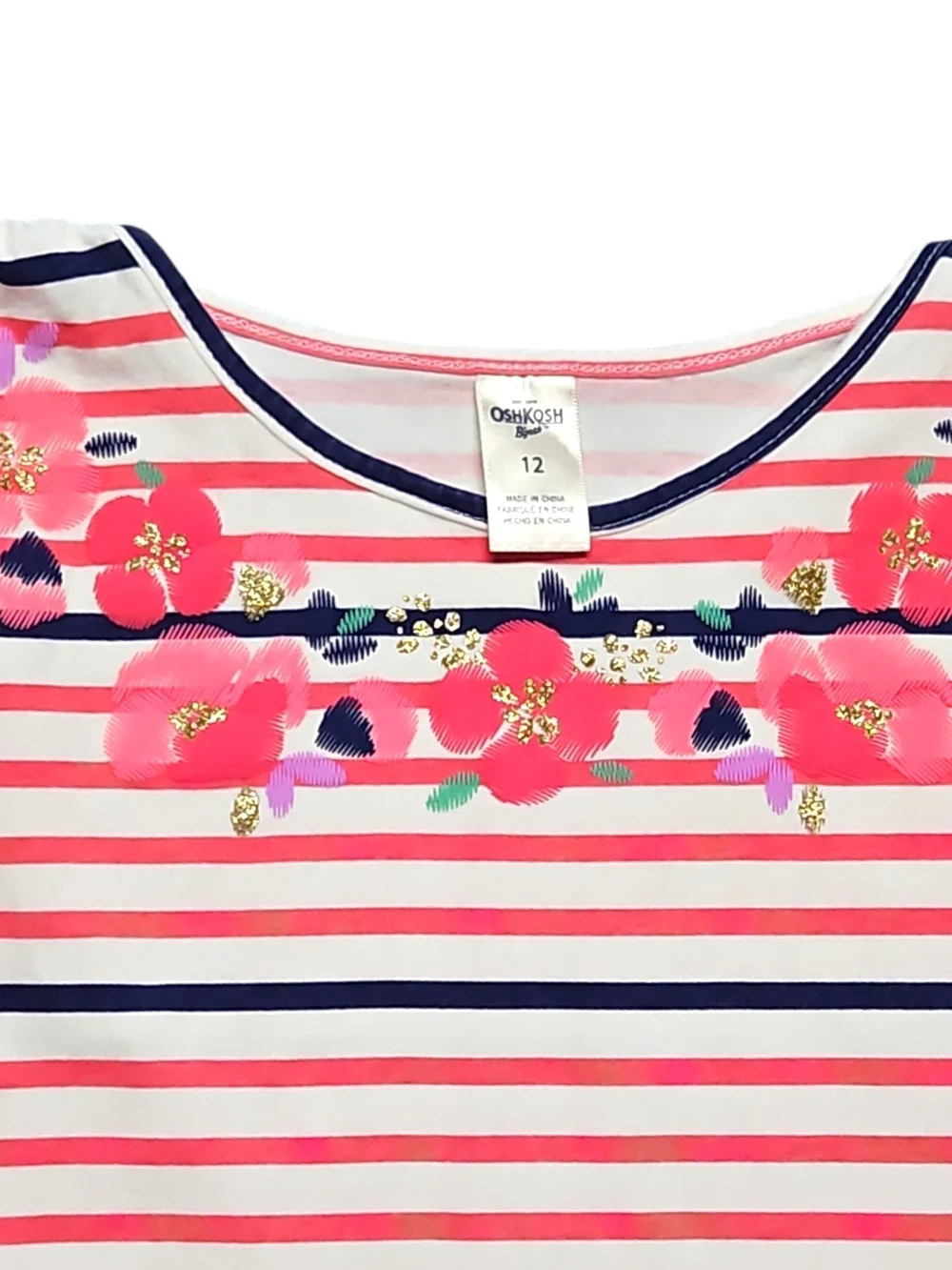 OshKosh B'gosh Girls Pink & White Striped Dress Size 12 Floral Gold Detail